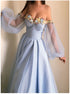 A Line Blue Satin Prom Dress with Long Sleeves LBQ1463